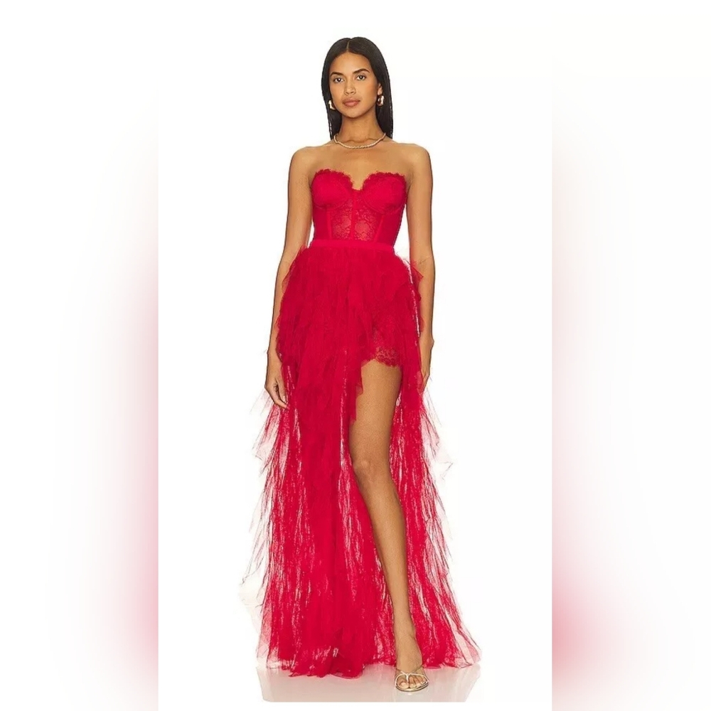 Nwt For Love and Lemons Revolve X Bustier Maxi Long Lace Dress Gown L